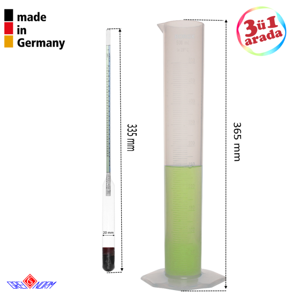 Greinorm Alkolmetre Üç Skalalı Hidrometre + Plastik Mezür