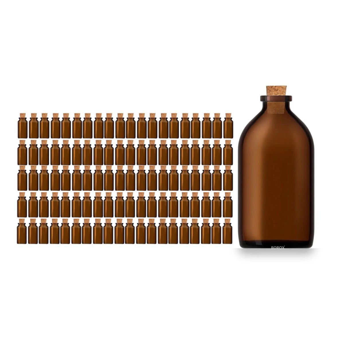 Borox Mantar Tıpalı Amber Cam Şişe - Boş Büyük Şişe 100 ml - Tıpalı Boş Şişe 100 Adet/Paket