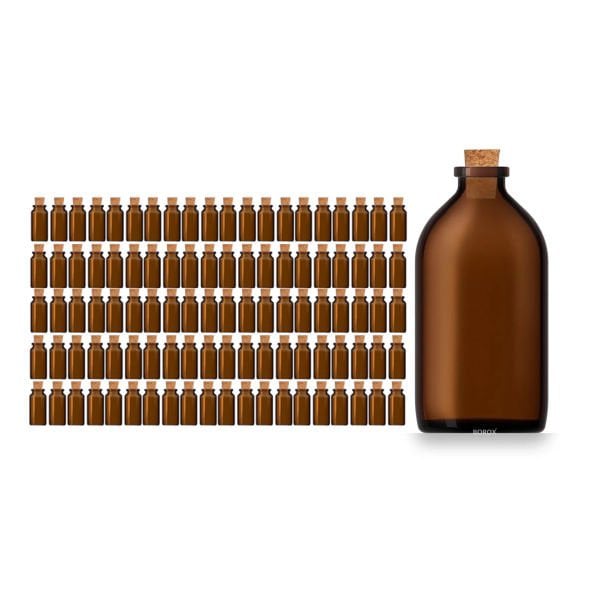 Borox Mantar Tıpalı Amber Cam Şişe - Boş Büyük Şişe 100 ml - Tıpalı Boş Şişe 100 Adet/Paket