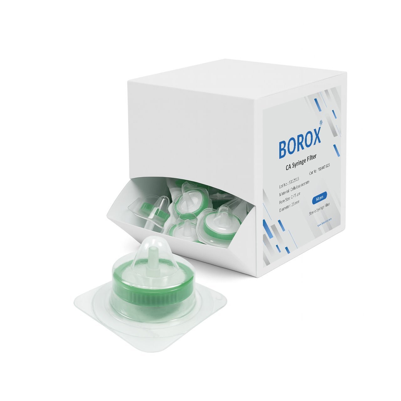 Borox Selüloz Şırınga Filtre - Steril 0.45µm - CA Syringe Filter - Yeşil - 50 Adet