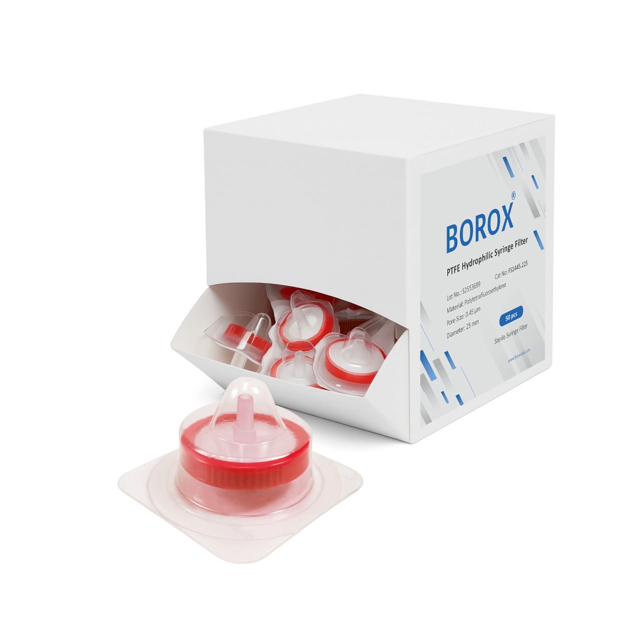 Borox PTFE Hidrofilik Şırınga Filtre - Steril 0.45µm - Kırmızı - 50 Adet