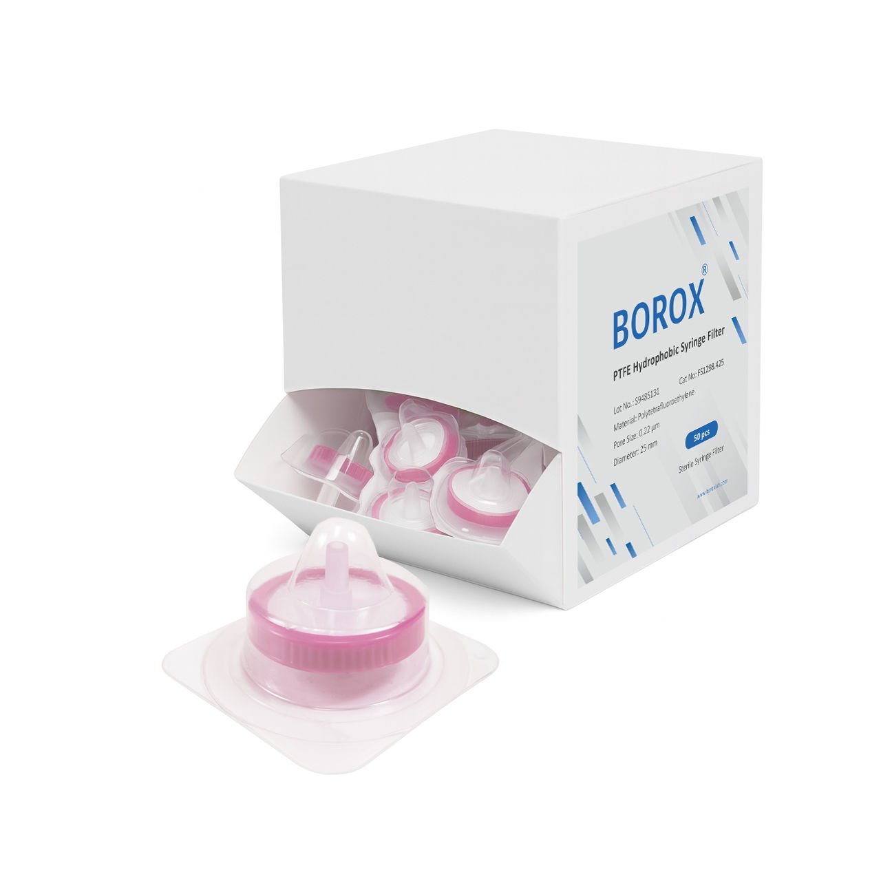 Borox PTFE Hidrofobik Şırınga Filtre - Steril 0.22µm - Pembe - 50 Adet
