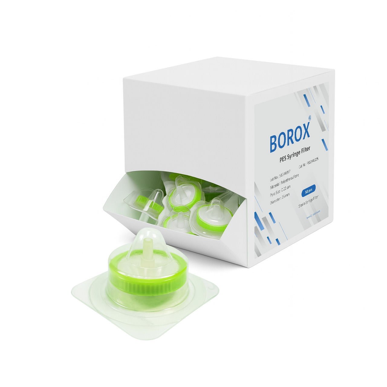 Borox Polietersülfon Şırınga Filtre - Steril 0.22µm - PES Syringe Filter - Yeşil - 50 Adet
