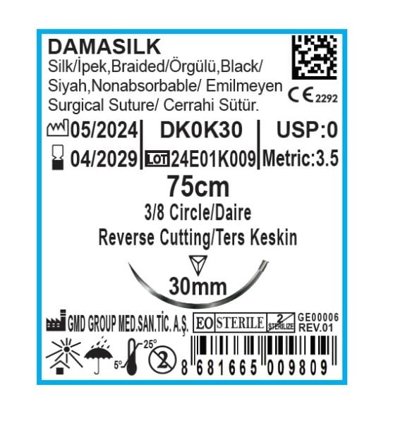 Damasilk Cerrahi Sütür - Emilmeyen Dikiş İpliği - İpek İplik - USP:0 - 75 cm - 3/8 Daire 30 mm - Ters Keskin İğne