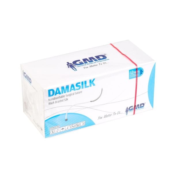 Damasilk Cerrahi Sütür - Emilmeyen Dikiş İpliği - İpek İplik - USP:0 - 75 cm - 3/8 Daire 30 mm - Ters Keskin İğne