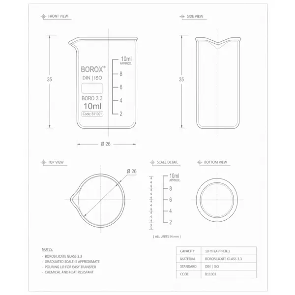 Borox Cam Beher 10 ml - Kısa Form Beaker 20 Adet-Paket