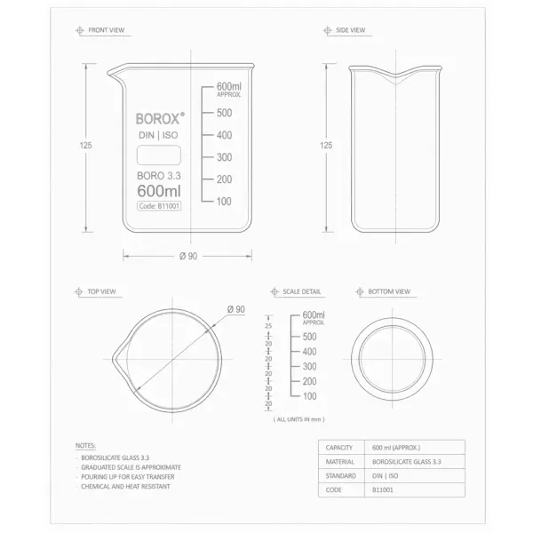 Borox Cam Beher 600 ml - Kısa Form Beaker 8 Adet-Paket