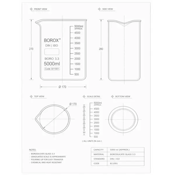 Borox Cam Beher 5000 ml - Kısa Form Beaker 12 Adet-Paket