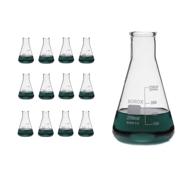 Borox Cam Erlen 250 ml - Erlenmeyer Flask Dar Boyun 12 Adet