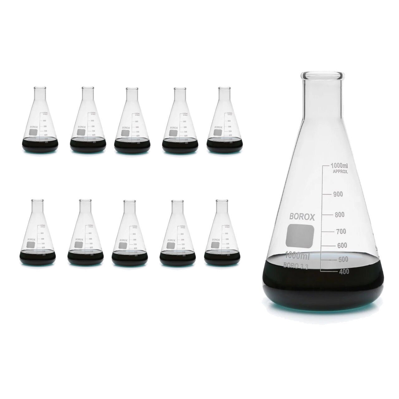Borox Cam Erlen 1000ml - Erlenmeyer Flask Dar Boyun 10 Adet