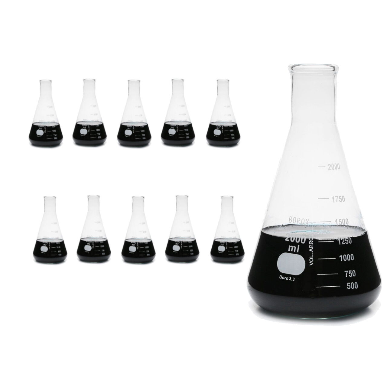 Borox Cam Erlen 2000ml - Erlenmeyer Flask Dar Boyun 10 Adet