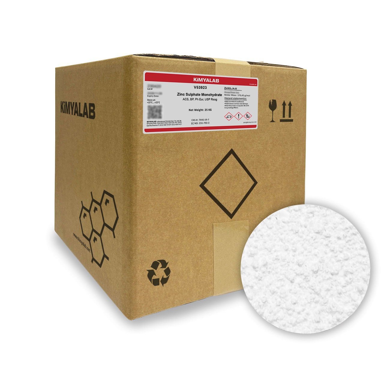 Kimyalab Çinko Sülfat Monohidrat - Zinc Sulfate Monohydrate - 25 Kg-Koli Toptan