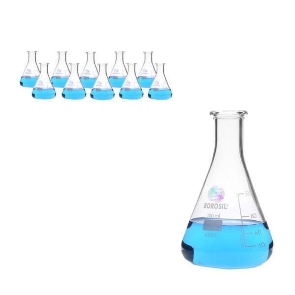 Borosil Cam Erlen 100 ml - Erlenmeyer Flask Dar Boyunlu 10lu