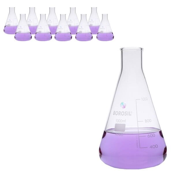 Borosil Cam Erlen 1000ml - Erlenmeyer Flask Dar Boyunlu 10lu