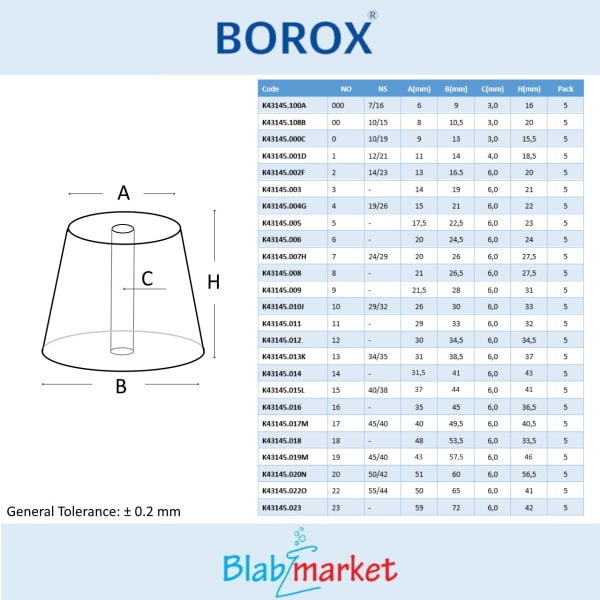 Borox Kauçuk Tıpa Delikli No 15 - 37x44x41mm NS 40/38 - 5Adet