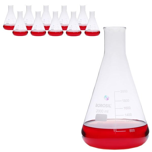 Borosil Cam Erlen 2000ml - Erlenmeyer Flask Dar Boyunlu 10lu