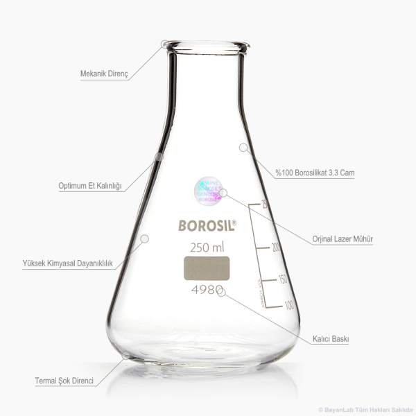 Borosil Cam Erlen 2000ml - Erlenmeyer Flask Dar Boyunlu 10lu