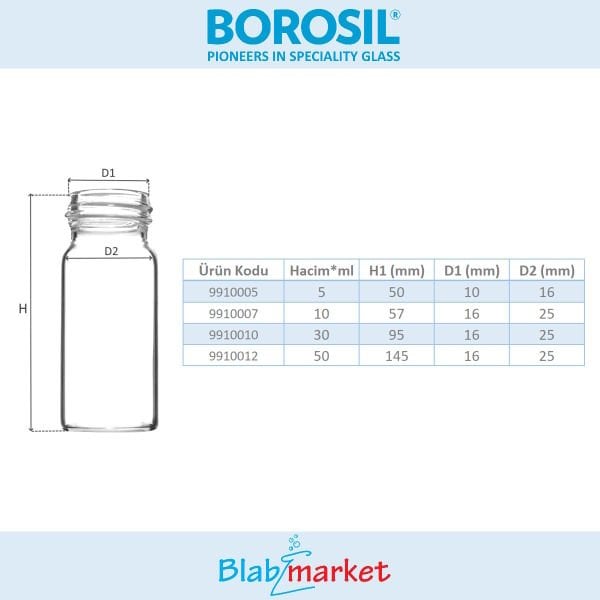 Borosil Cam Deney Tüpü 30 ml Dibi Düz - Kapaklı Kültür Tüp